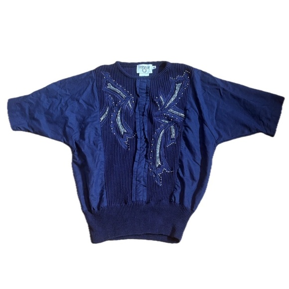 Vintage Sweaters - Vintage Navy Blue Beaded Ribbed Sweater Shirt Size Small 90s Glam Maximalist